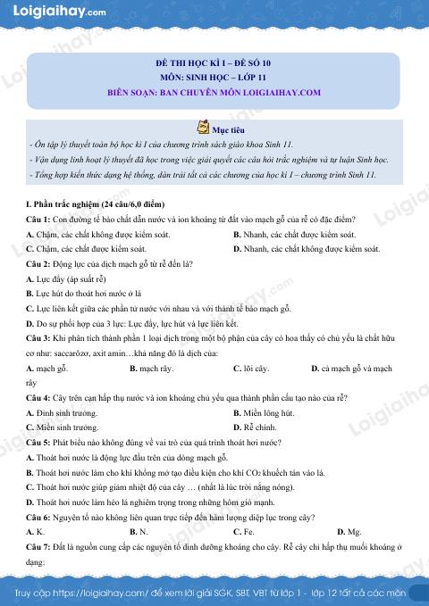 Đề số 10 - Đề kiểm tra học kì 1 - Sinh học 11